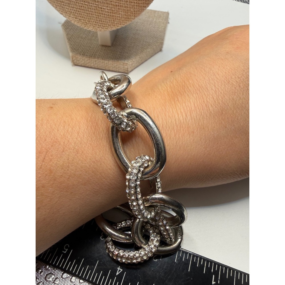 Chico's Silver Tone‎ Chunky Link Rhinestone Toggle Bracelet Statement Jewelry